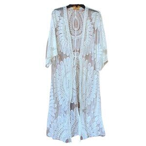 Ivory Lace Duster Kimono Long Sheer Boho Coachella Festival Fairy Beach Large